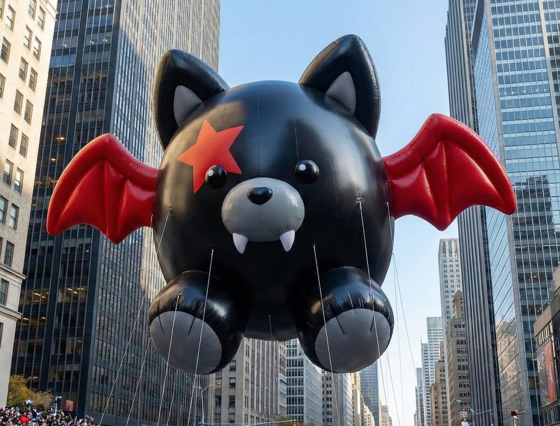 The giant VAMPIRE NOW mascot balloon floating above central Seoul